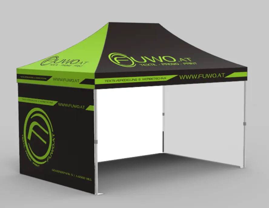 A 3D digital rendering of a sleek, black and lime-green pop-up promotional tent with the "FUWO.AT" logo and brand details on a neutral grey background.